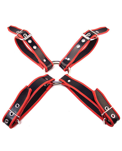 Rouge men's leather chest harness black with red piping adjustable straps for comfortable bondage restraint