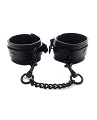 Rouge Leather Ankle Cuffs adjustable black restraints with detachable chain for secure bondage play