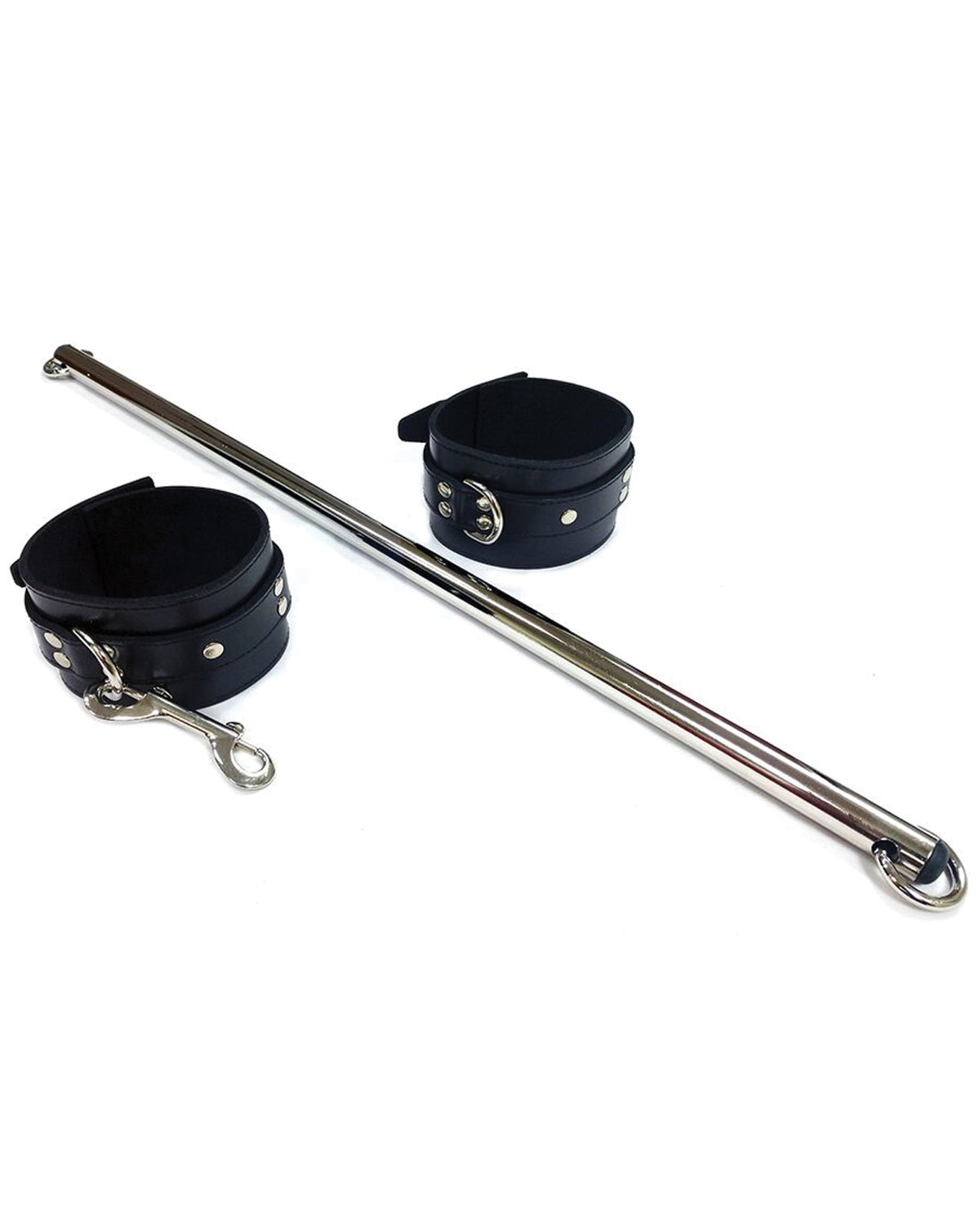 Rouge Bondage Restraint Leg Spreader Bar Adjustable with Black Leather Cuffs for Secure Positioning