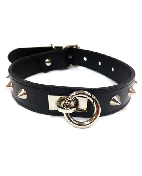 Rouge Bondage Collar Black Leather Studded Removable O-Rings for Adjustable Restraint Play