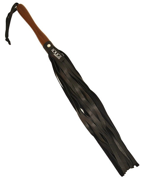 Rouge Leather Flogger with wooden handle, premium leather tails, ergonomic grip for bondage and sensory restraint play