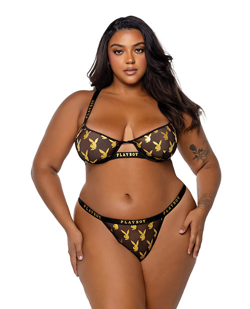 Playboy by Roma plus size mesh bralette and thong set with gold foil logo and satin trim for curvy lingerie comfort