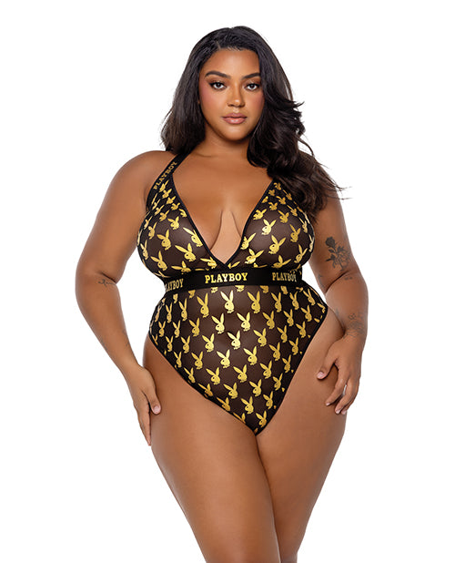 Playboy by Roma Plus Size Lingerie Gold Foil Mesh Teddy with Plunge Neckline for Confident Curves