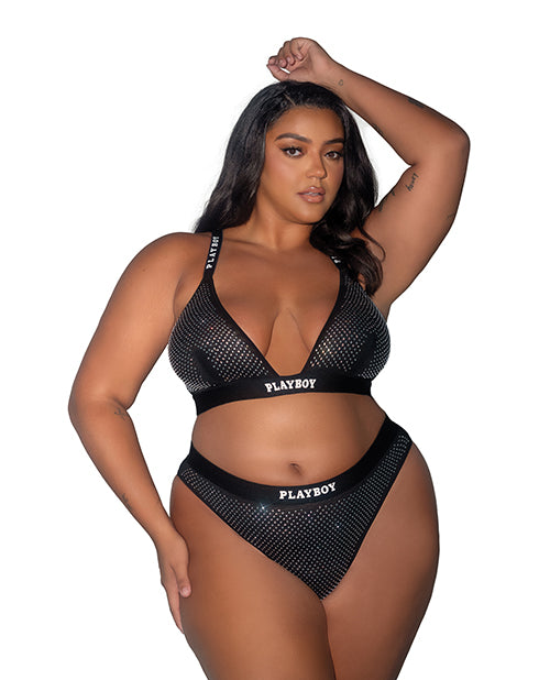 Playboy by Roma Plus Size Lingerie All-over Rhinestone Bralette Thong with Logo Elastic for Stylish Comfort