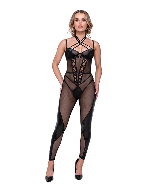 Flirty Fetish Fishnet & Faux Leather Catsuit w/Satin Trim Black LG