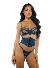 Roma Confidential lingerie set teal scalloped eyelash lace and faux patent leather for enhanced silhouette