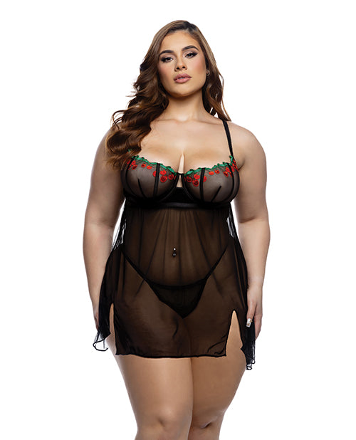 Cherry Delight Embroidered Lace and Mesh Babydoll w/Balconette Cup & Thong 2 pc Set - Black 1X