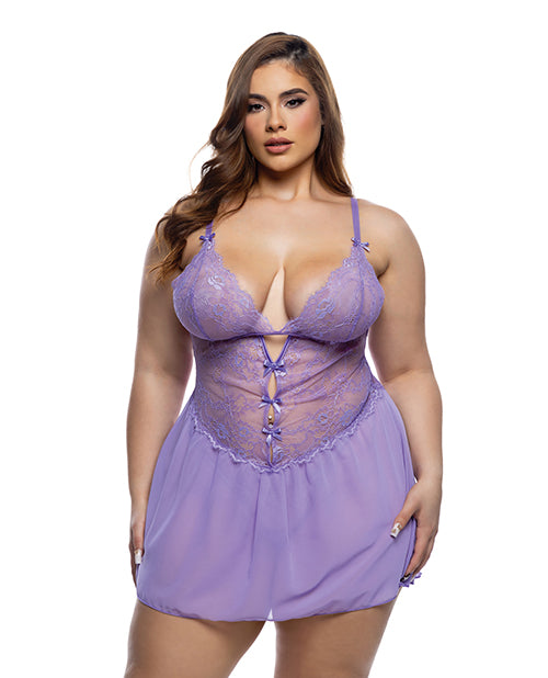 Roma Confidential Babydoll Lingerie Plus Size Lilac Lace Mesh Details with Thong for Curvy Figure Comfort