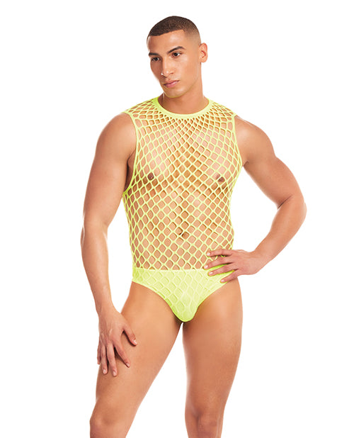 Rainbow Party Lingerie Packaged Mesh Unitard with Thong in Yellow for Playful Statement Style