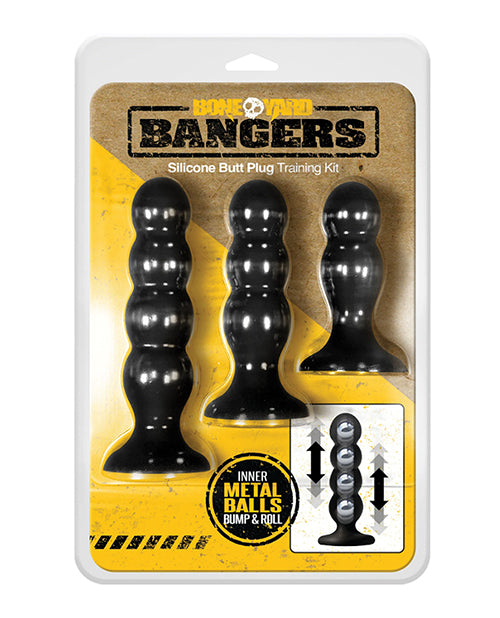 Boneyard silicone butt plug training kit with weighted bouncing beads and suction base for progressive anal play