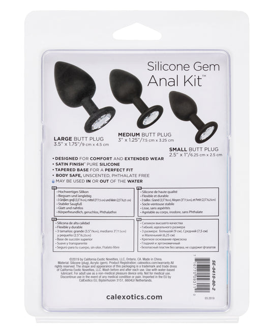 Silicone Gem Anal Plug Kit with Graduated Sizes and Gemstone Base