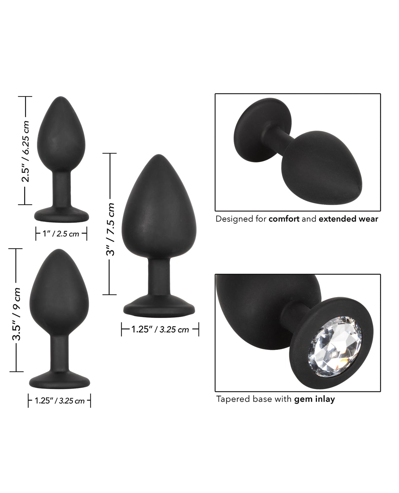 Silicone Gem Anal Plug Kit with Graduated Sizes and Gemstone Base