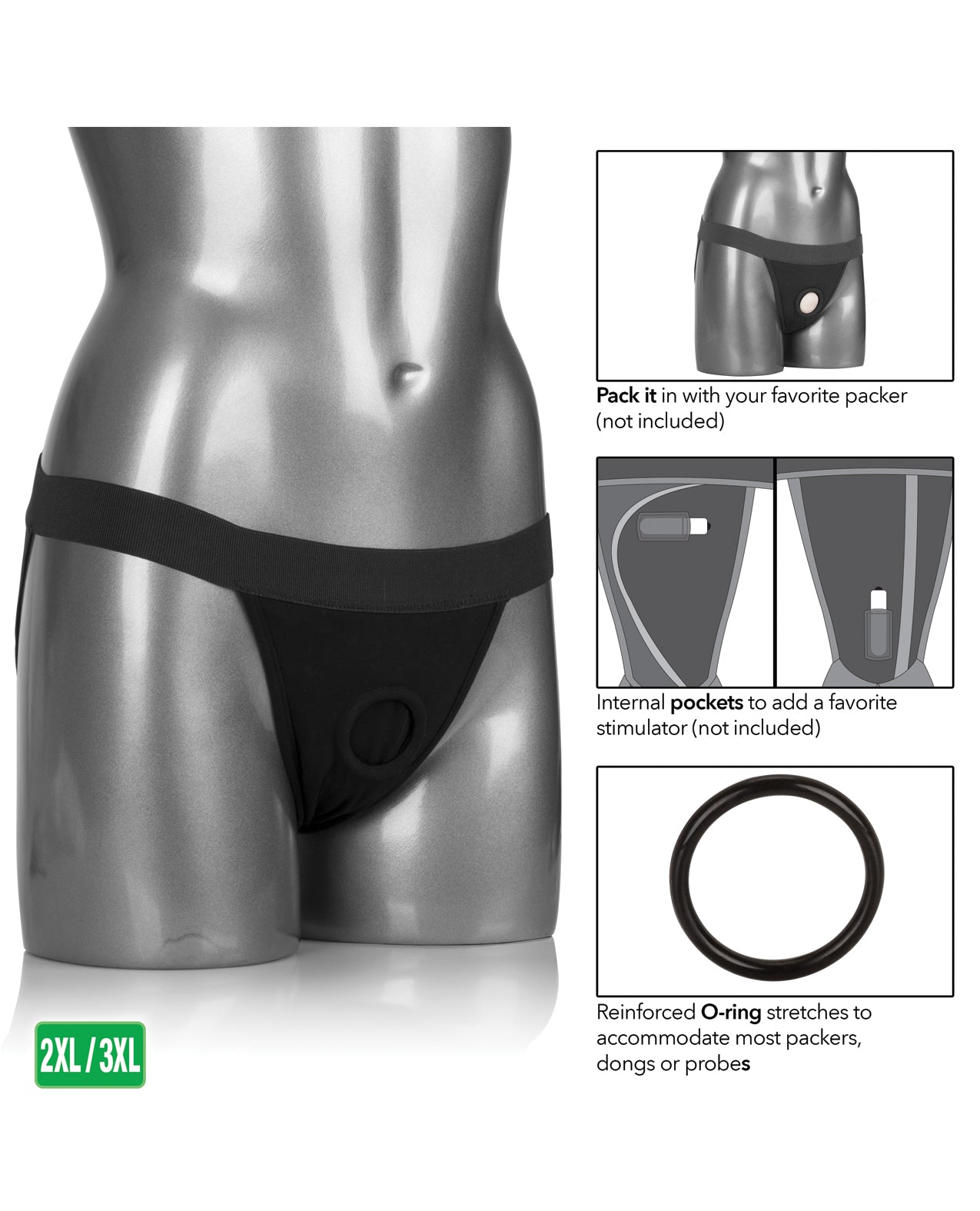 Packer Gear Black Jock Strap Harness with Reinforced O-Ring and Bullet Pocket 2XL/3XL