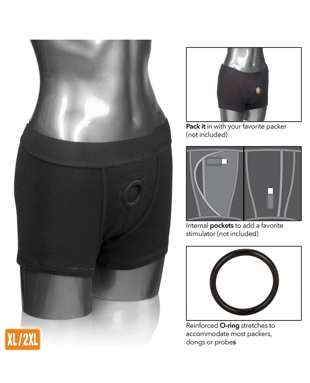 Black Boxer Brief Harness XL/2XL with Reinforced O-Ring and Bullet Pocket