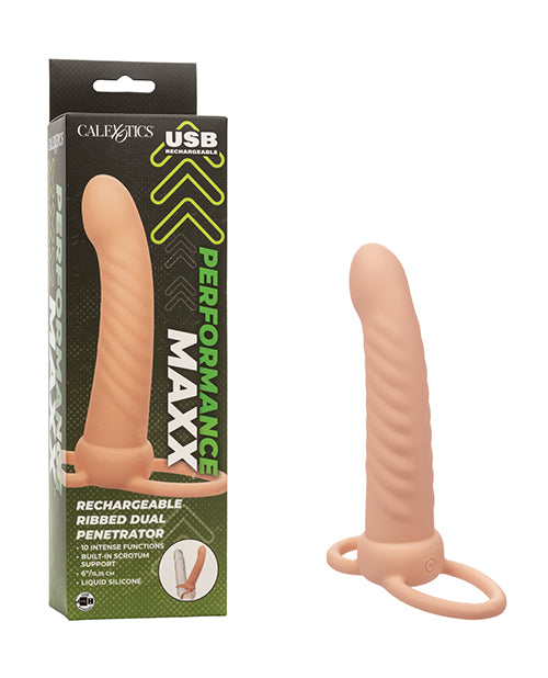 Performance Maxx Vibrator Rechargeable Ribbed Dual Penetrator with Scrotum Ring for Double Penetration Pleasure
