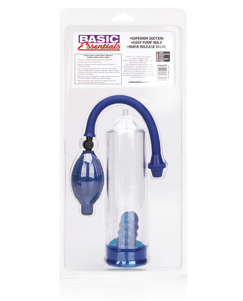 Blue Basic Essentials Penis Pump with EZ Push Valve and Clear Cylinder