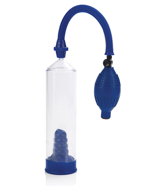 Blue Basic Essentials Penis Pump with EZ Push Valve and Clear Cylinder