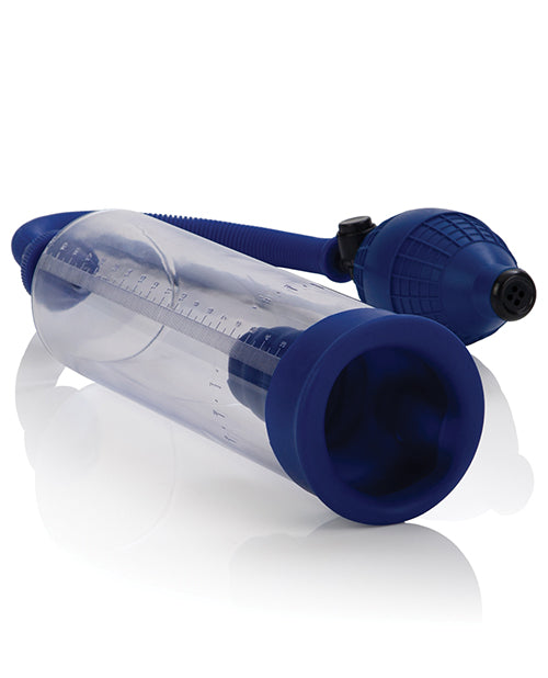 Blue Basic Essentials Penis Pump with EZ Push Valve and Clear Cylinder