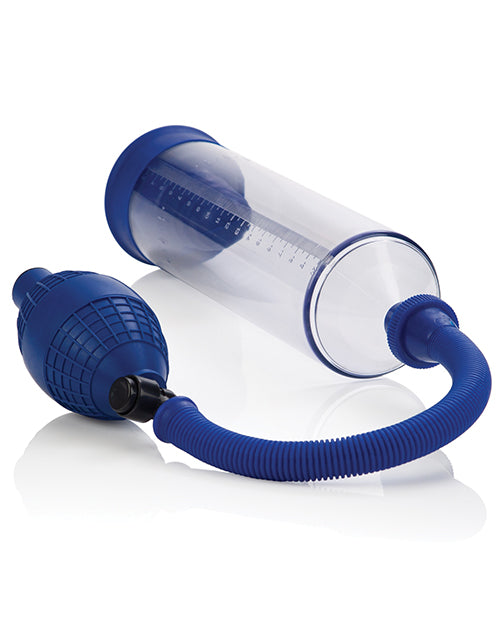Blue Basic Essentials Penis Pump with EZ Push Valve and Clear Cylinder