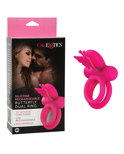 Silicone Rechargeable Penis Enhancement Ring with Dual Support and Vibrating Butterfly for Couples' Intimate Stimulation