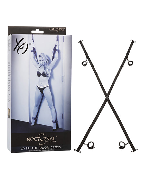 Nocturnal bondage restraint system over the door cross with adjustable cuffs and double-stitched straps for secure couple's play