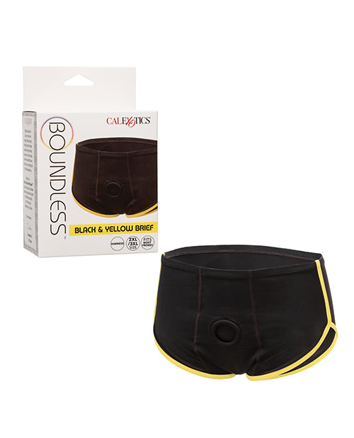 Boundless Strap-On Harness Brief black and yellow with internal pocket and reinforced O-ring for discreet harness play