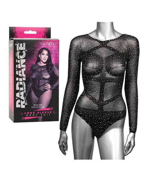 Radiance plus size mesh bodysuit with sparkling rhinestones and long sleeves for glamorous festival or lingerie wear