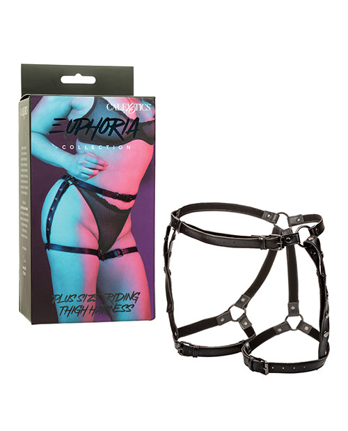 Euphoria plus size riding thigh harness with plush velvet lining, vegan leather, adjustable straps for comfort and sensual restraint play