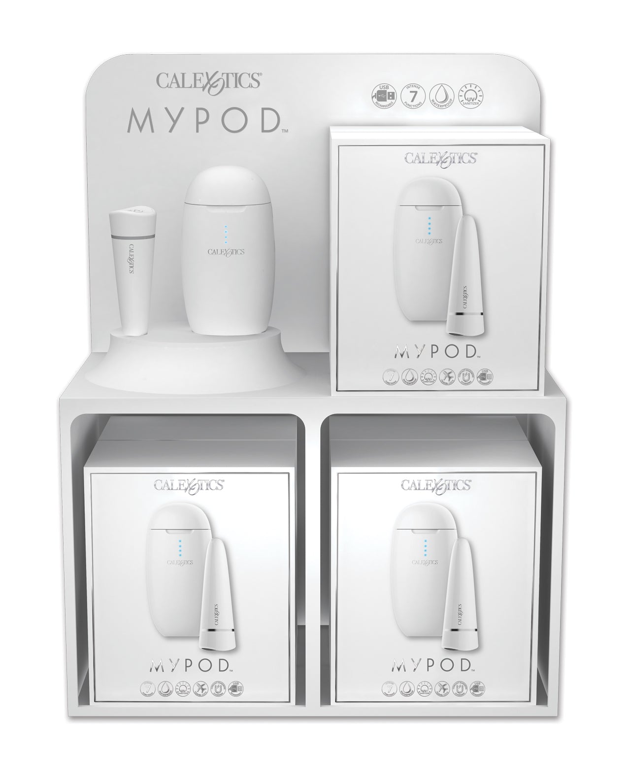 My Pod Display Stand with clear acrylic panels and compact design for organized product presentation