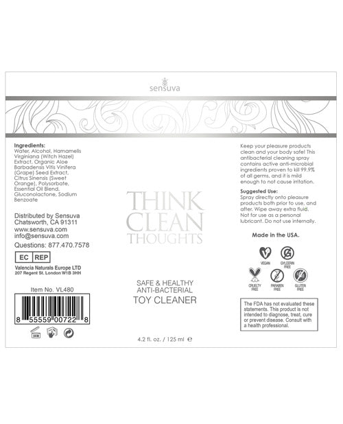 Sensuva Think Clean Thoughts Antibacterial Toy Cleaner Spray 4.2oz
