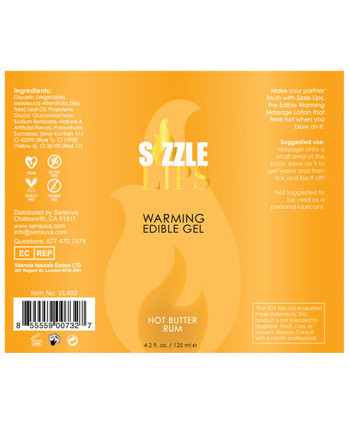 Sizzle Lips Butter Rum Edible Warming Gel for Sensual Massage – 4.2 oz