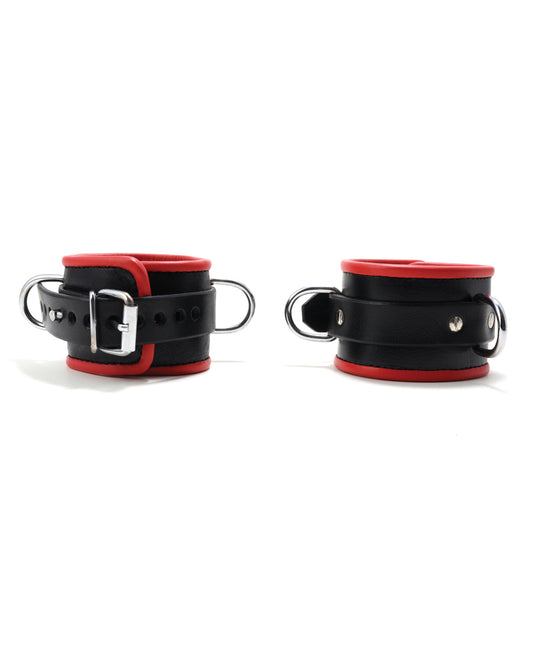 665 Bondage Restraint Red Padded Leather Nickel-Plated Locking Cuffs for Secure BDSM Play