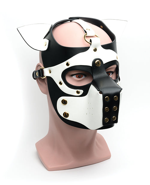 665 Bondage Pup Hood Black White PU with Premium Alloy Hardware for Puppy Play Enthusiasts