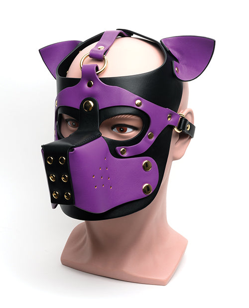 665 Bondage Puppy Play Hood Black and Purple PU Material with Alloy Hardware for Fetish Roleplay