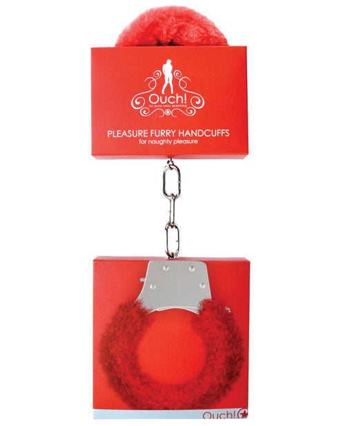 Ouch Bondage Handcuffs Red Furry Lining Quick-Release Mechanism for Comfortable Restraint Play