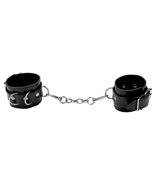 Shots Ouch Black Leather Adjustable BDSM Cuffs with Metal D-Ring