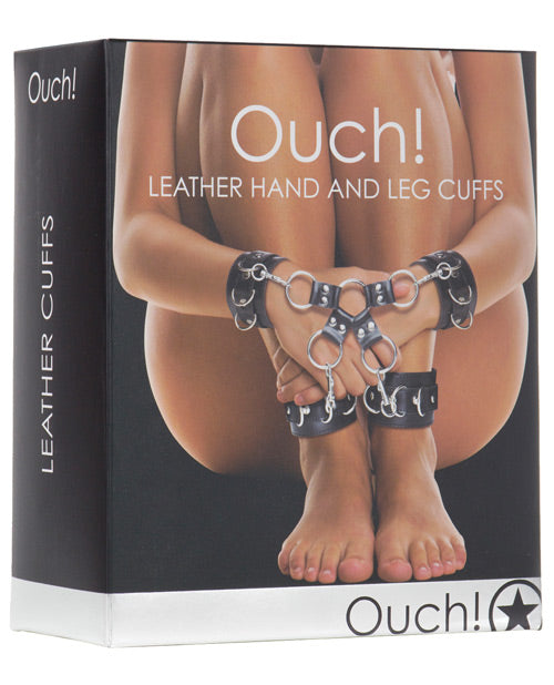 Ouch Black Leather Hand and Leg Cuffs with Adjustable Straps and Metal D-Rings for Secure Bondage Restraint Play