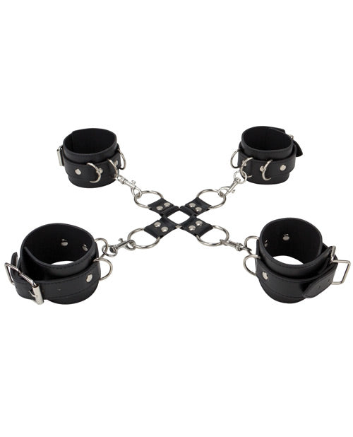 Black Leather Hand & Leg Cuffs with Adjustable Straps and Metal Connectors