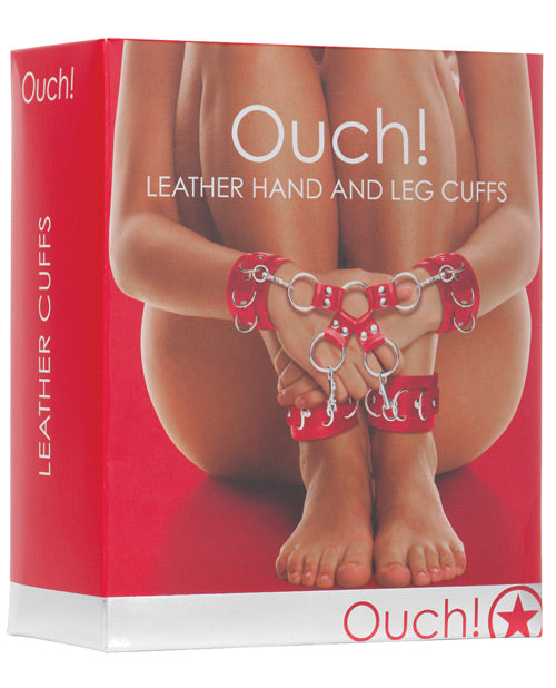 Ouch Leather Cuffs Adjustable Red Bondage Restraints with Metal Fastenings for Secure Play