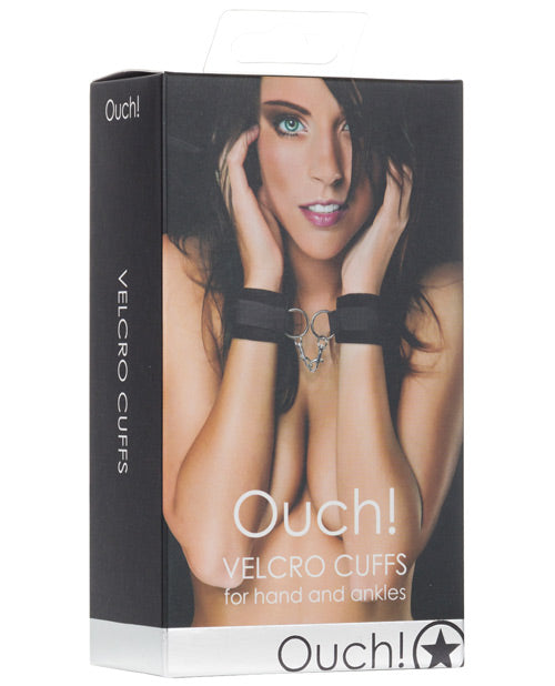 Ouch bondage cuffs black leather with soft furry lining adjustable velcro for secure wrist and ankle restraint