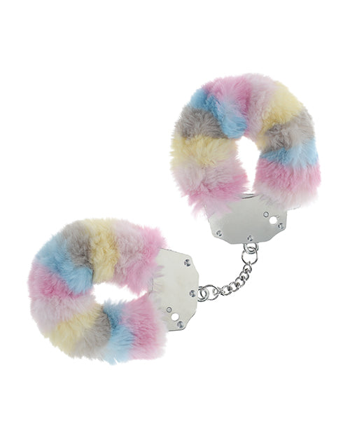 Ouch Bondage Restraints Heavy-duty Fluffy Handcuffs with Secure Lock and Rainbow Faux Fur for Comfortable Play
