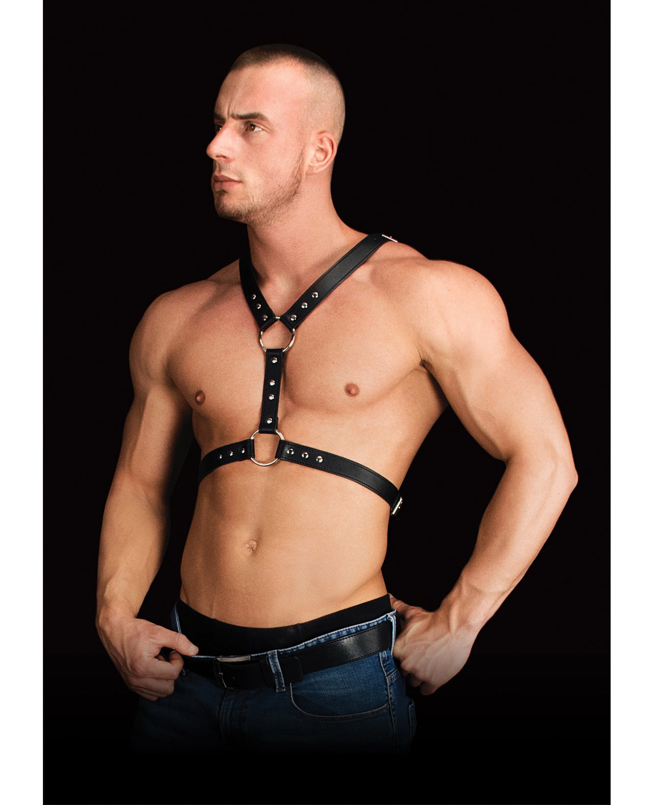 Black Bonded Leather Chest Body Harness with Central O-Ring Detail