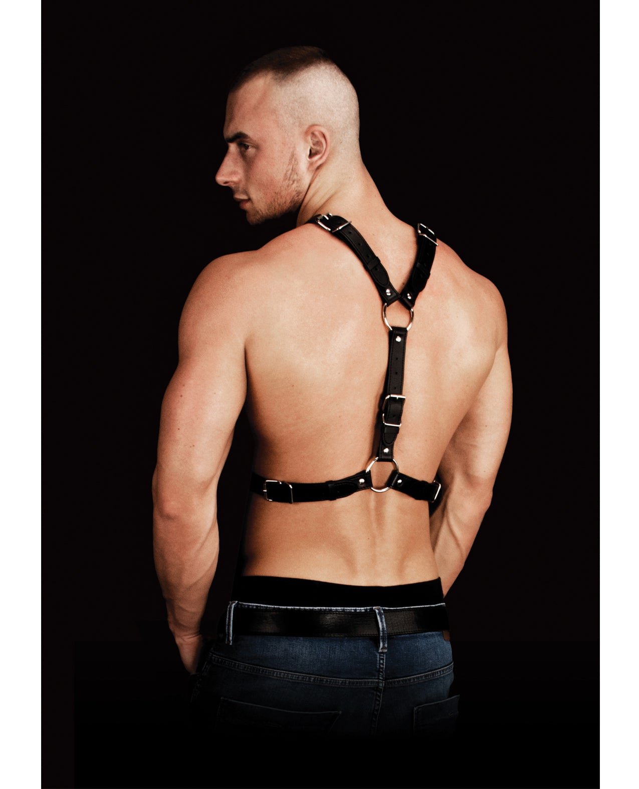 Black Bonded Leather Chest Body Harness with Central O-Ring Detail