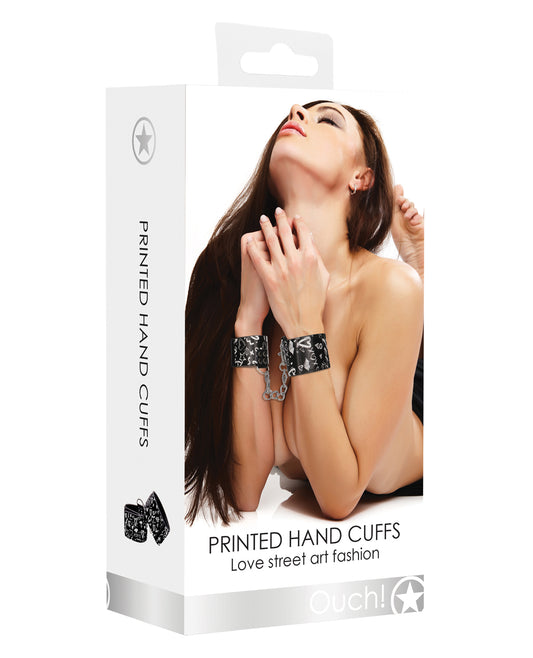 Ouch Bonded Leather Hand Cuffs Adjustable Velcro Fashion Street Art Print for Secure Restraint Play