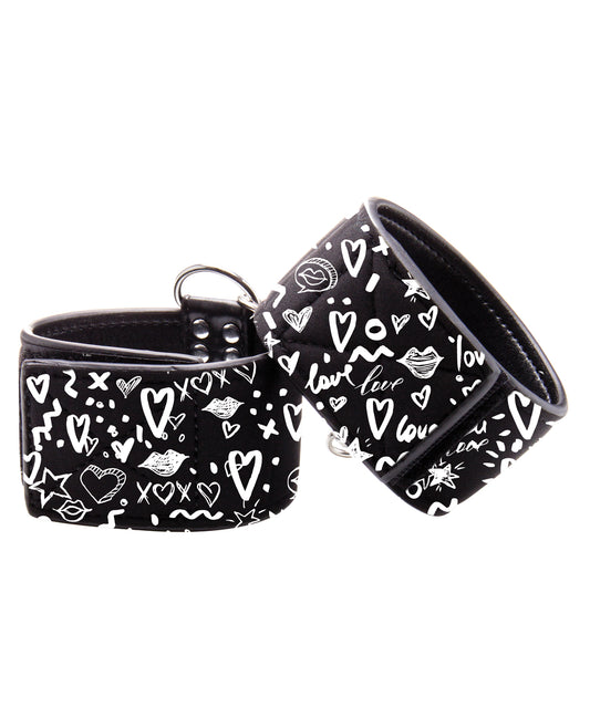 Fashion Printed Bonded Leather Hand Cuffs with Adjustable Velcro – Black Street Art Design