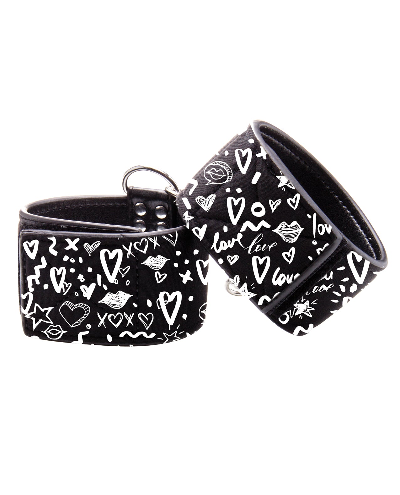 Shots Ouch Love Street Art Fashion Printed Ankle Cuffs - Black Bonded Leather Restraints
