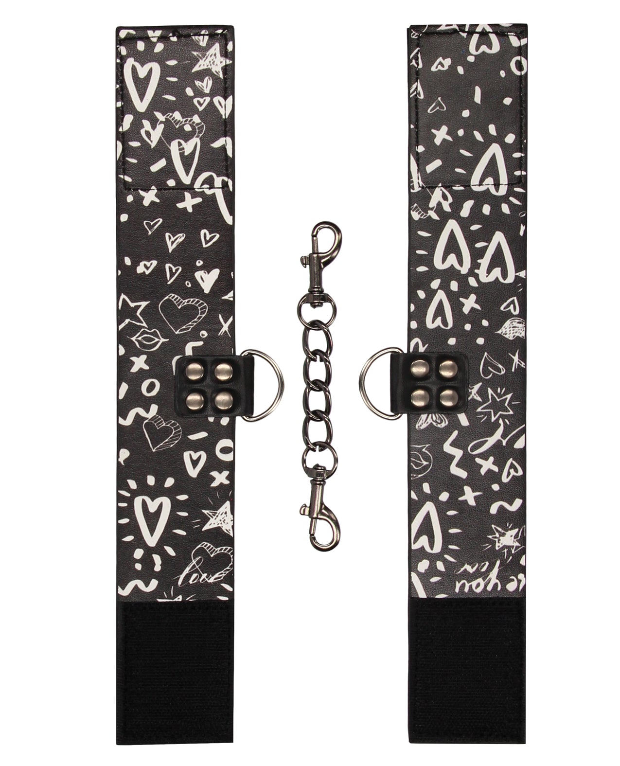 Shots Ouch Love Street Art Fashion Printed Ankle Cuffs - Black Bonded Leather Restraints
