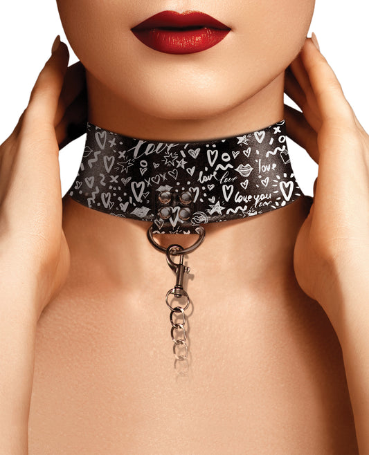 Black Fashion Printed Bonded Leather Collar with Leash