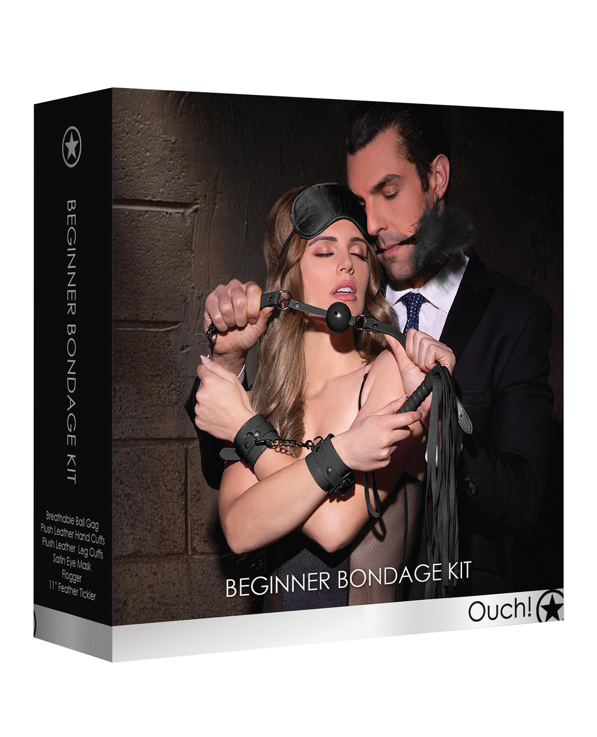 Ouch Bondage Blindfolds & Restraints Beginners Kit with Breathable Ball Gag, Leather Cuffs and Feather Tickler for Couples Sensory Play