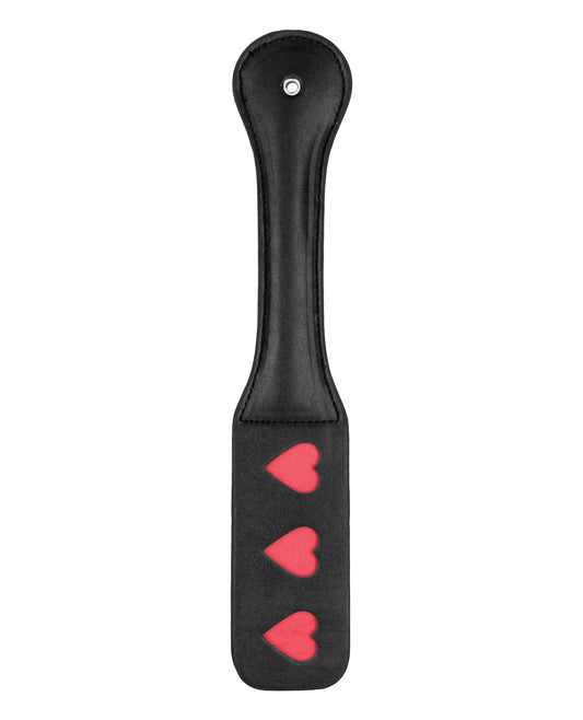 Ouch bondage leather paddle with stitched hearts pattern and flexible design for sensation play and BDSM restraint